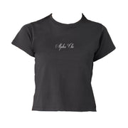 Ali & Ariel Black Cursive Embroidered Baby Tee Alpha Chi Omega / Small