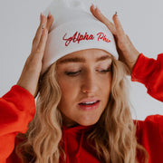Ali & Ariel Red Cursive Embroidered Beanie <br> (available for all sororities)