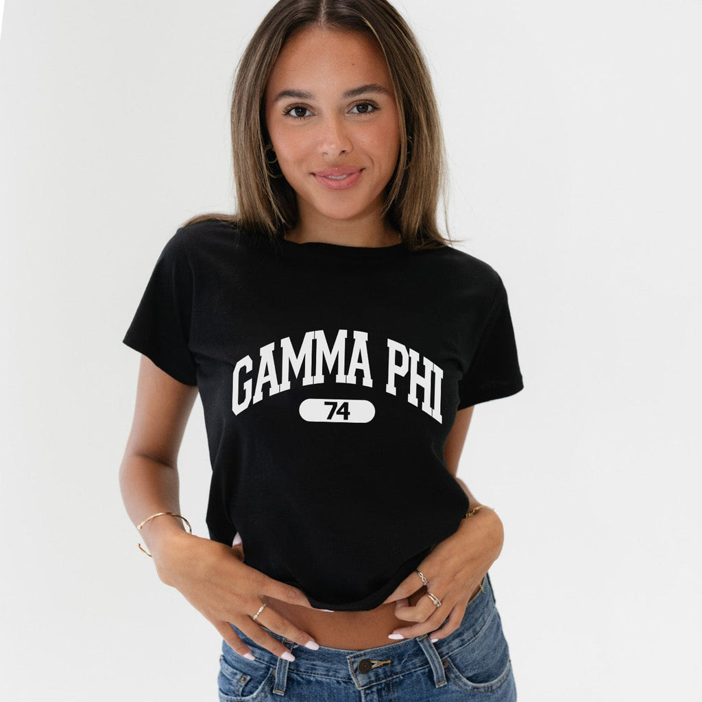 Ali & Ariel Black collegiate sports baby tee