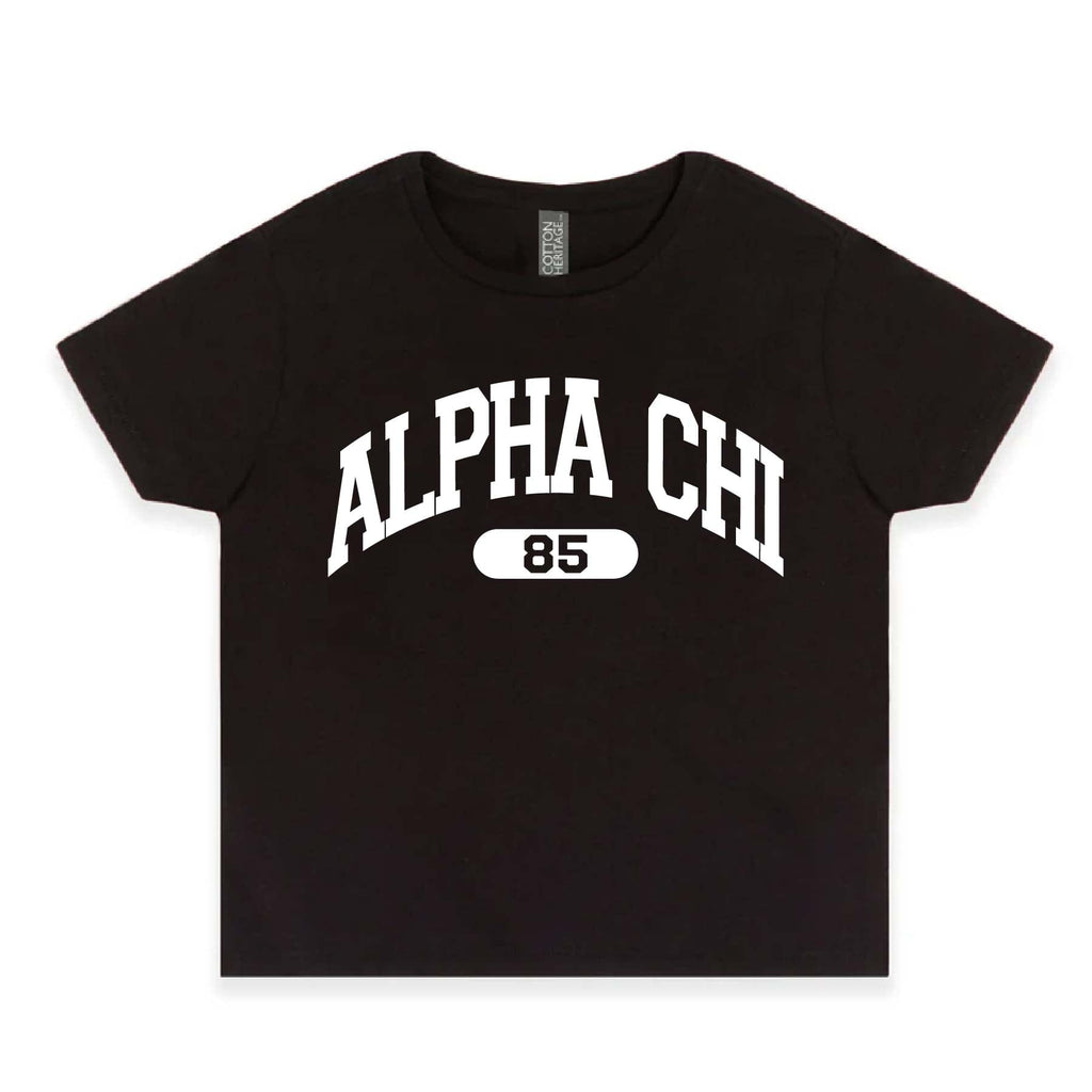Ali & Ariel Black collegiate sports baby tee Alpha Chi Omega / Small
