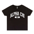 Ali & Ariel Black collegiate sports baby tee Alpha Chi Omega / Small