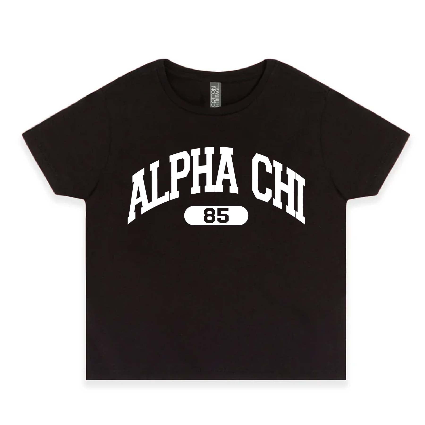Ali & Ariel Black collegiate sports baby tee Alpha Chi Omega / Small