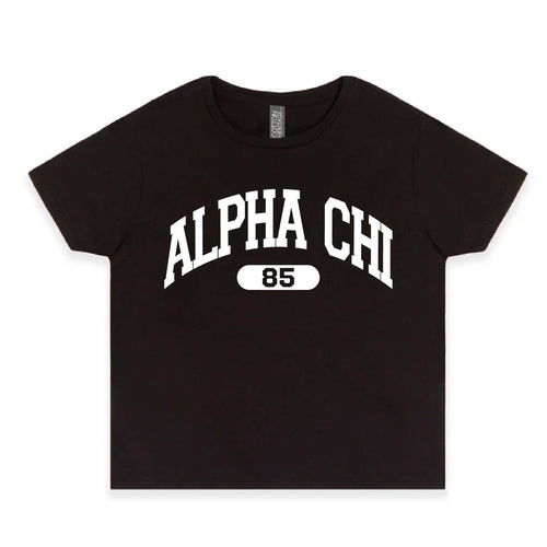 Ali & Ariel Black collegiate sports baby tee Alpha Chi Omega / Small