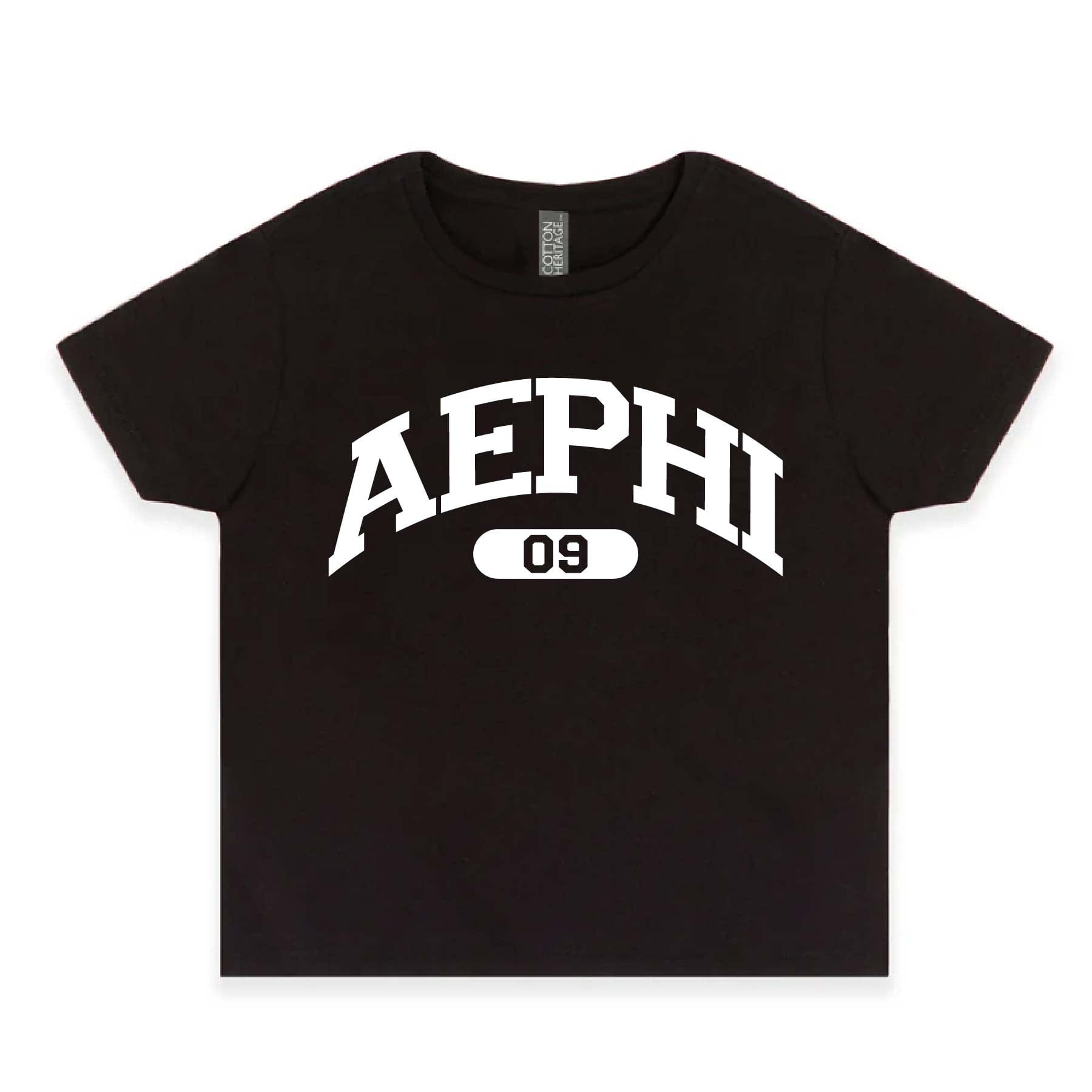 Ali & Ariel Black collegiate sports baby tee Alpha Epsilon Phi / Small