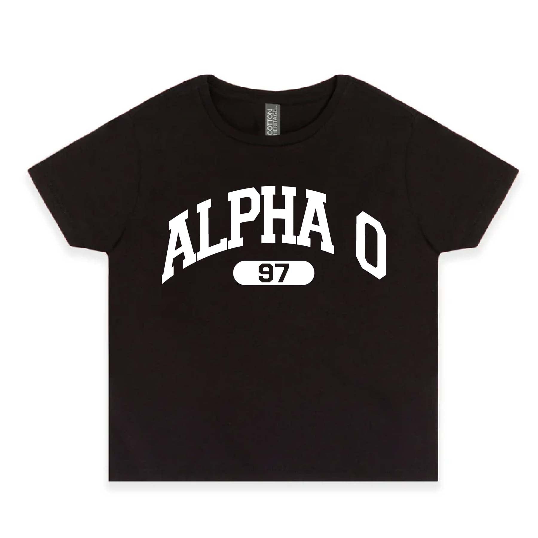 Ali & Ariel Black collegiate sports baby tee Alpha Omicron Pi / Small