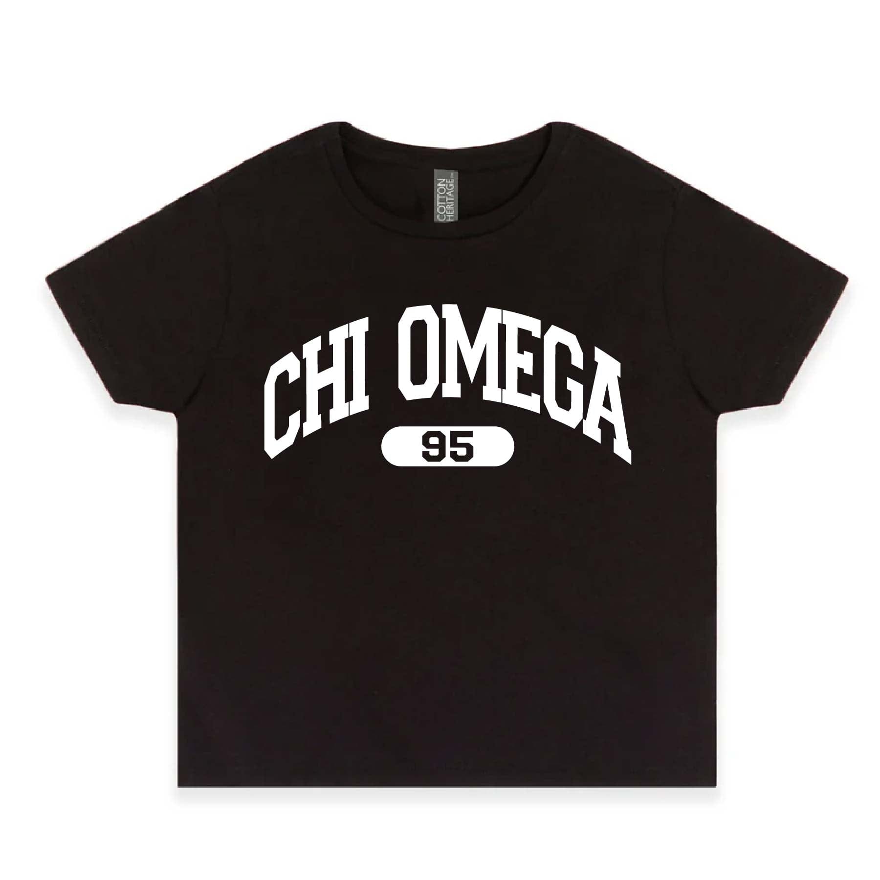 Ali & Ariel Black collegiate sports baby tee Chi Omega / Small