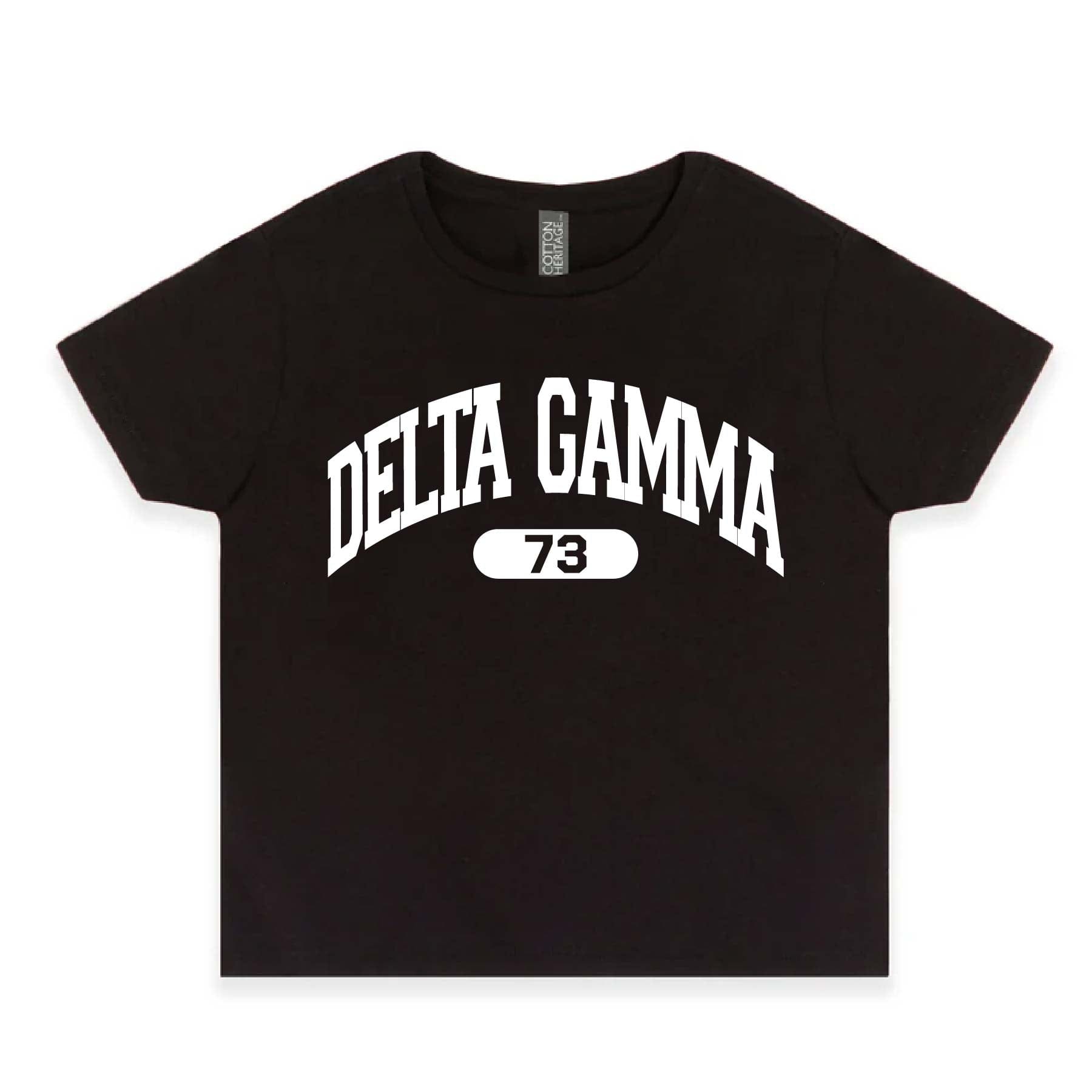 Ali & Ariel Black collegiate sports baby tee Delta Gamma / Small