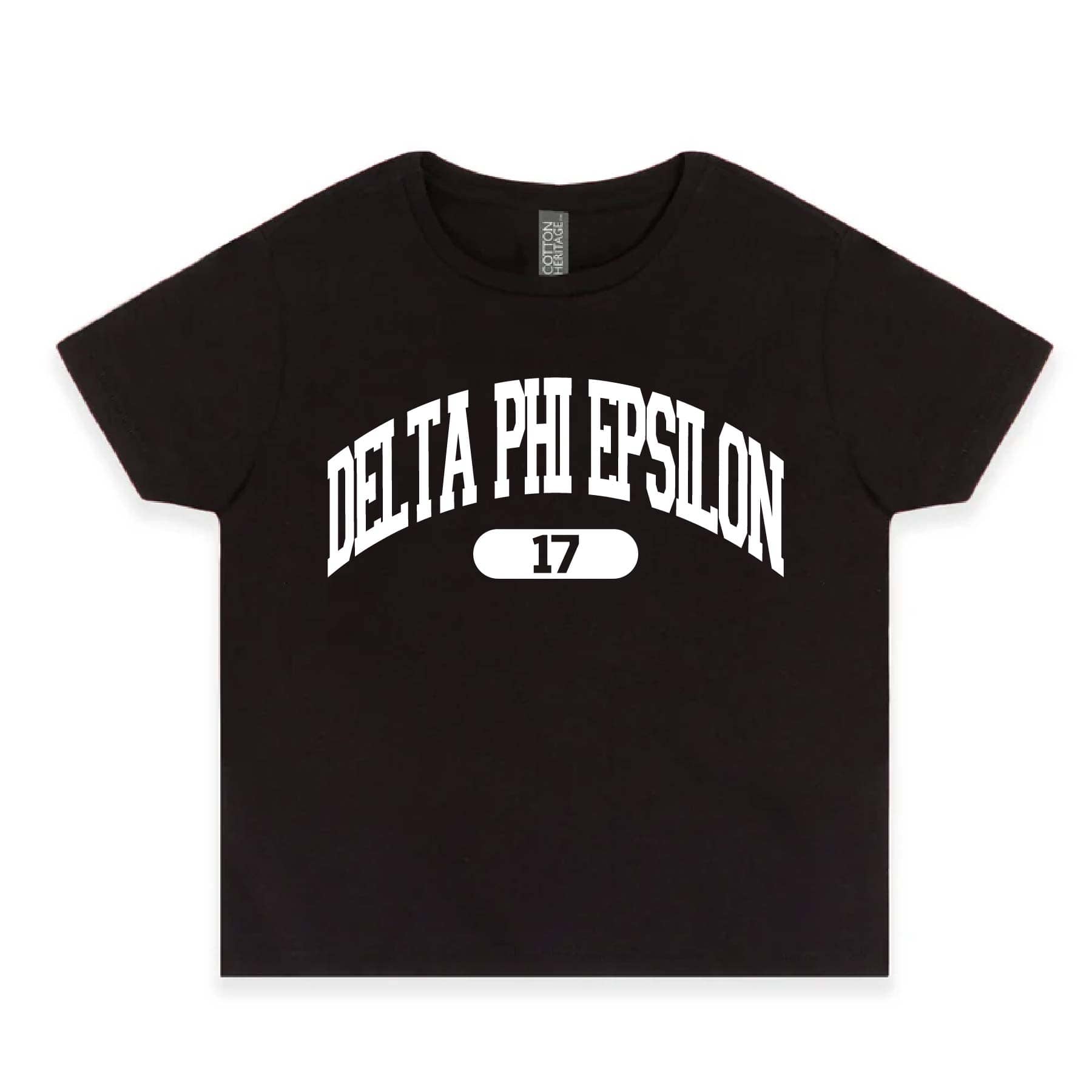 Ali & Ariel Black collegiate sports baby tee Delta Phi Epsilon / Small