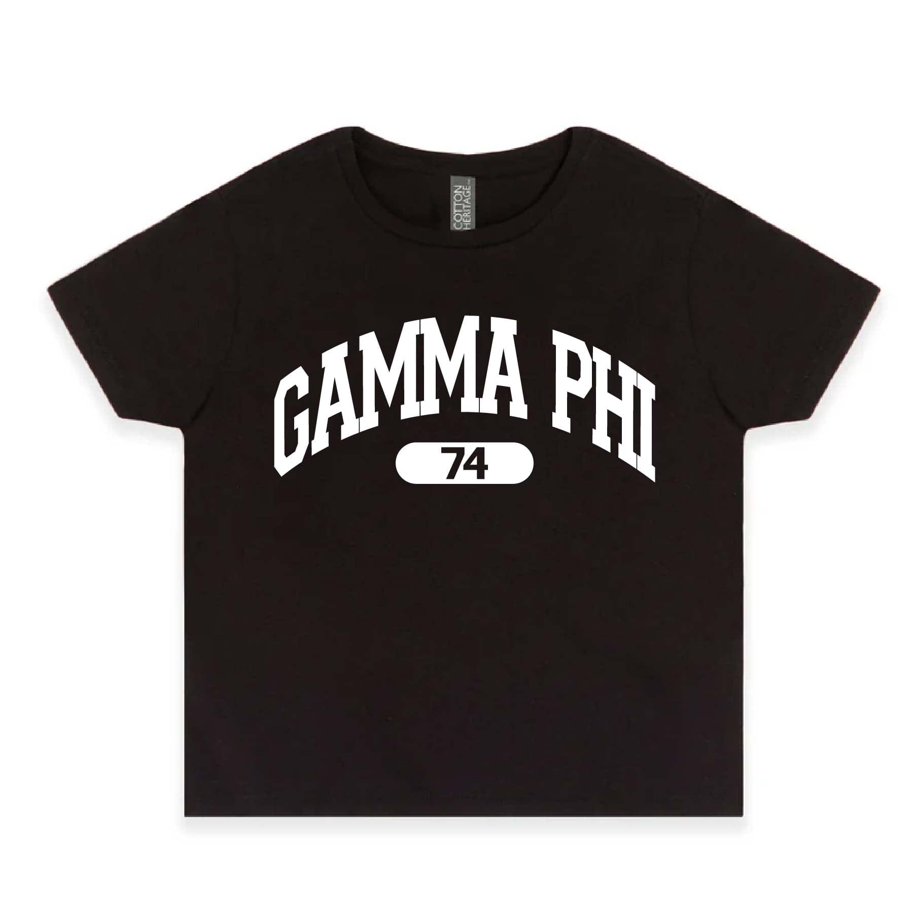 Ali & Ariel Black collegiate sports baby tee Gamma Phi Beta / Small