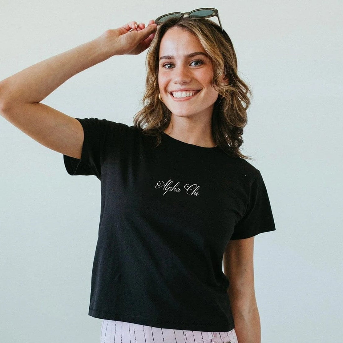 Black Cursive Embroidered Baby Tee by Ali & Ariel | Sorority