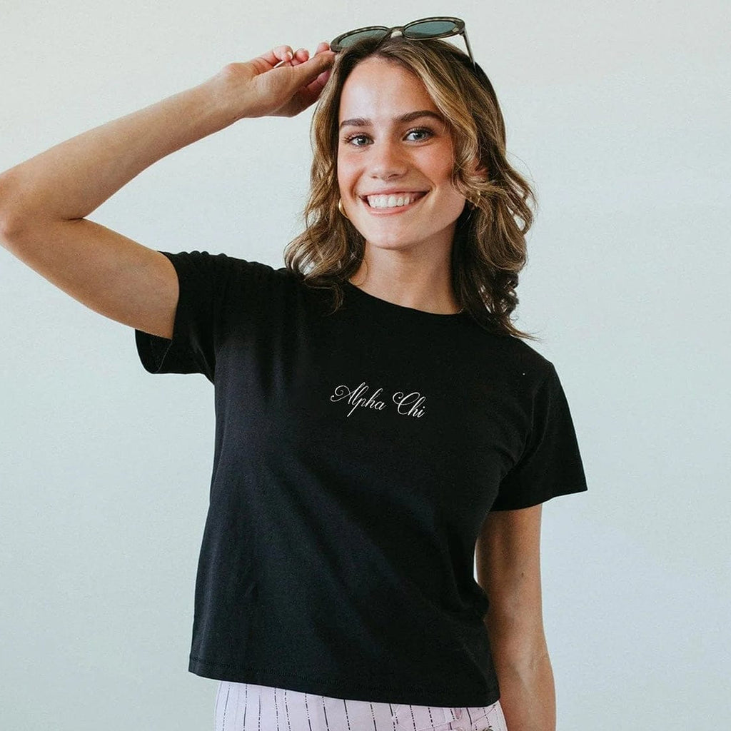 Ali & Ariel Black Cursive Embroidered Baby Tee