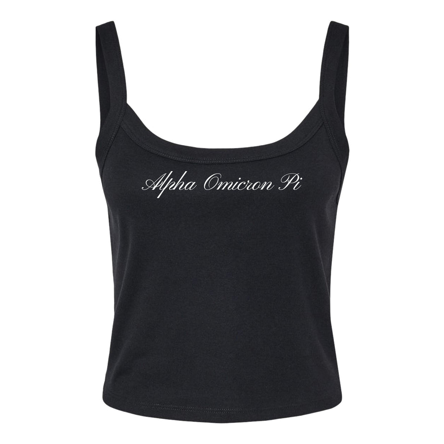 Ali & Ariel Black Cursive Tank Top Alpha Omicron Pi / XS