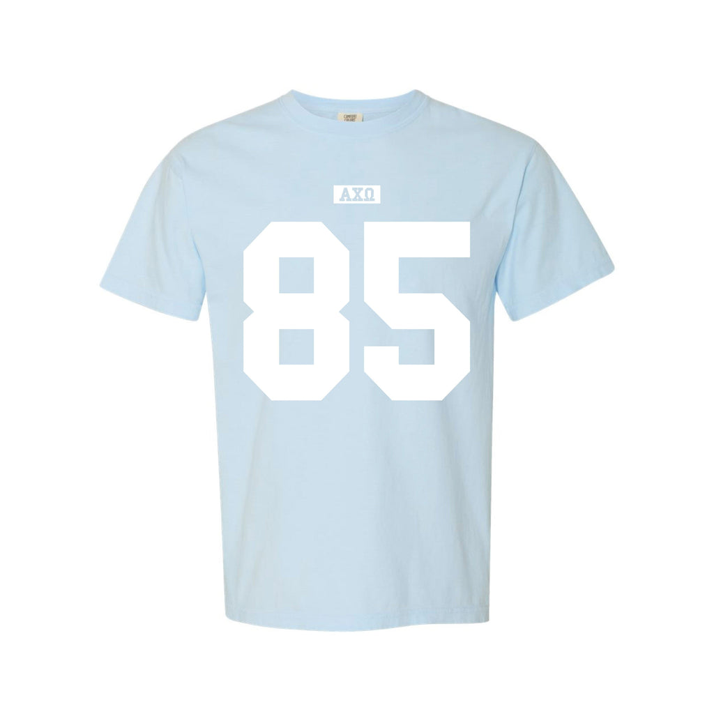 Ali & Ariel Light Blue Varsity Tee Alpha Chi Omega / Medium