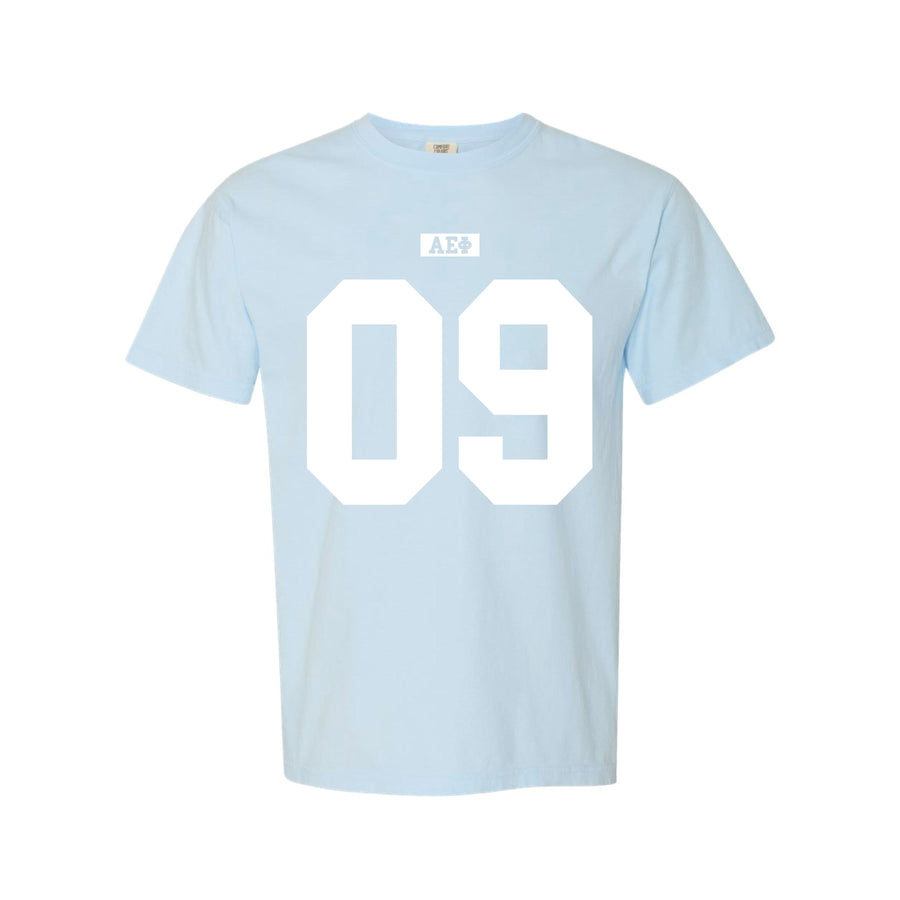 Ali & Ariel Light Blue Varsity Tee Alpha Epsilon Phi / Medium