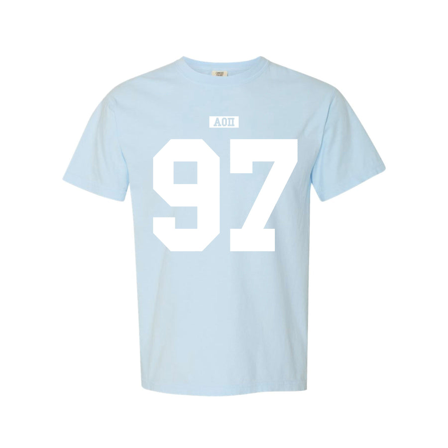 Ali & Ariel Light Blue Varsity Tee Alpha Omicron Pi / Medium