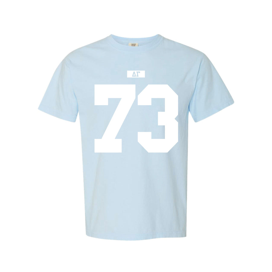 Ali & Ariel Light Blue Varsity Tee Delta Gamma / Medium