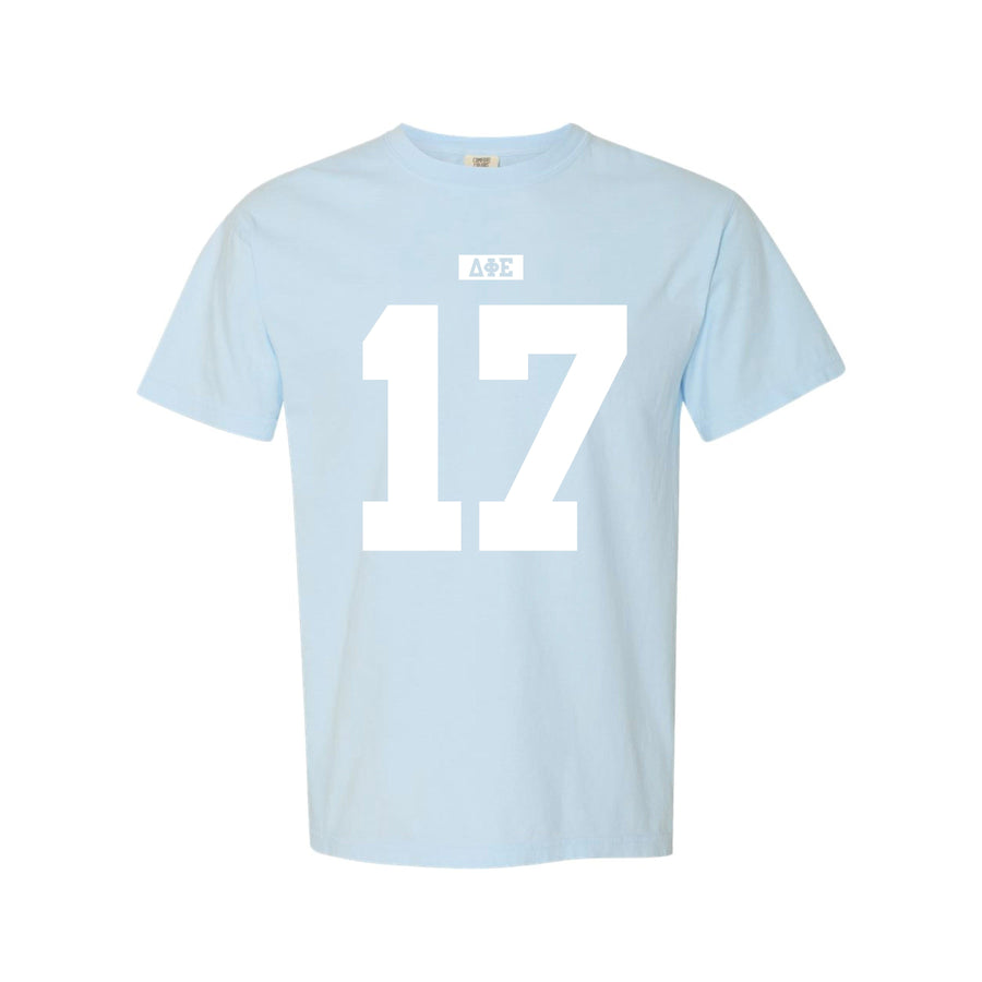 Ali & Ariel Light Blue Varsity Tee Delta Phi Epsilon / Medium