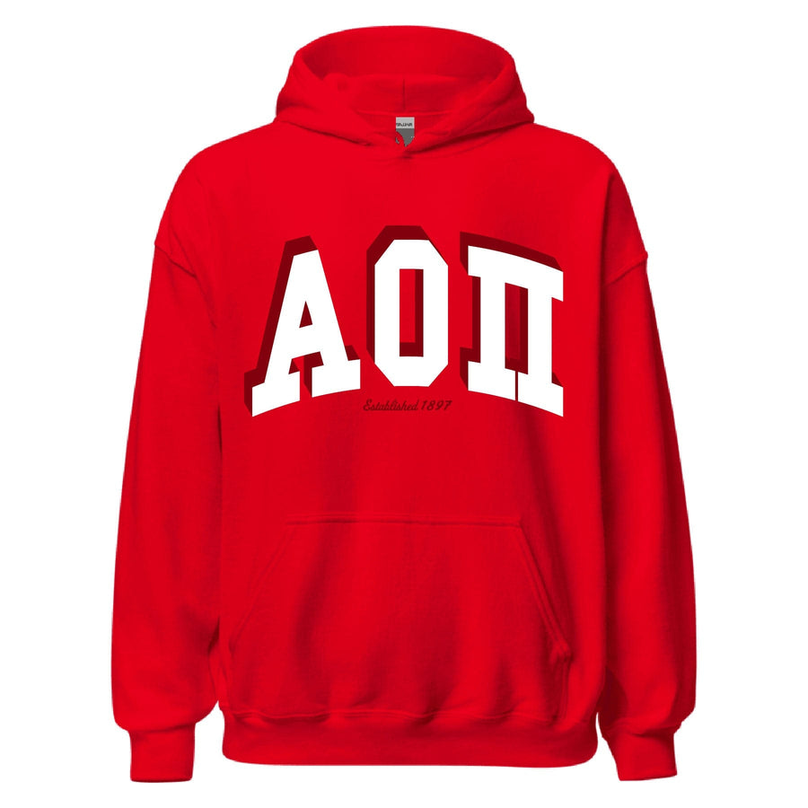 Ali & Ariel Red Greek Hoodie Alpha Omicron Pi / Medium