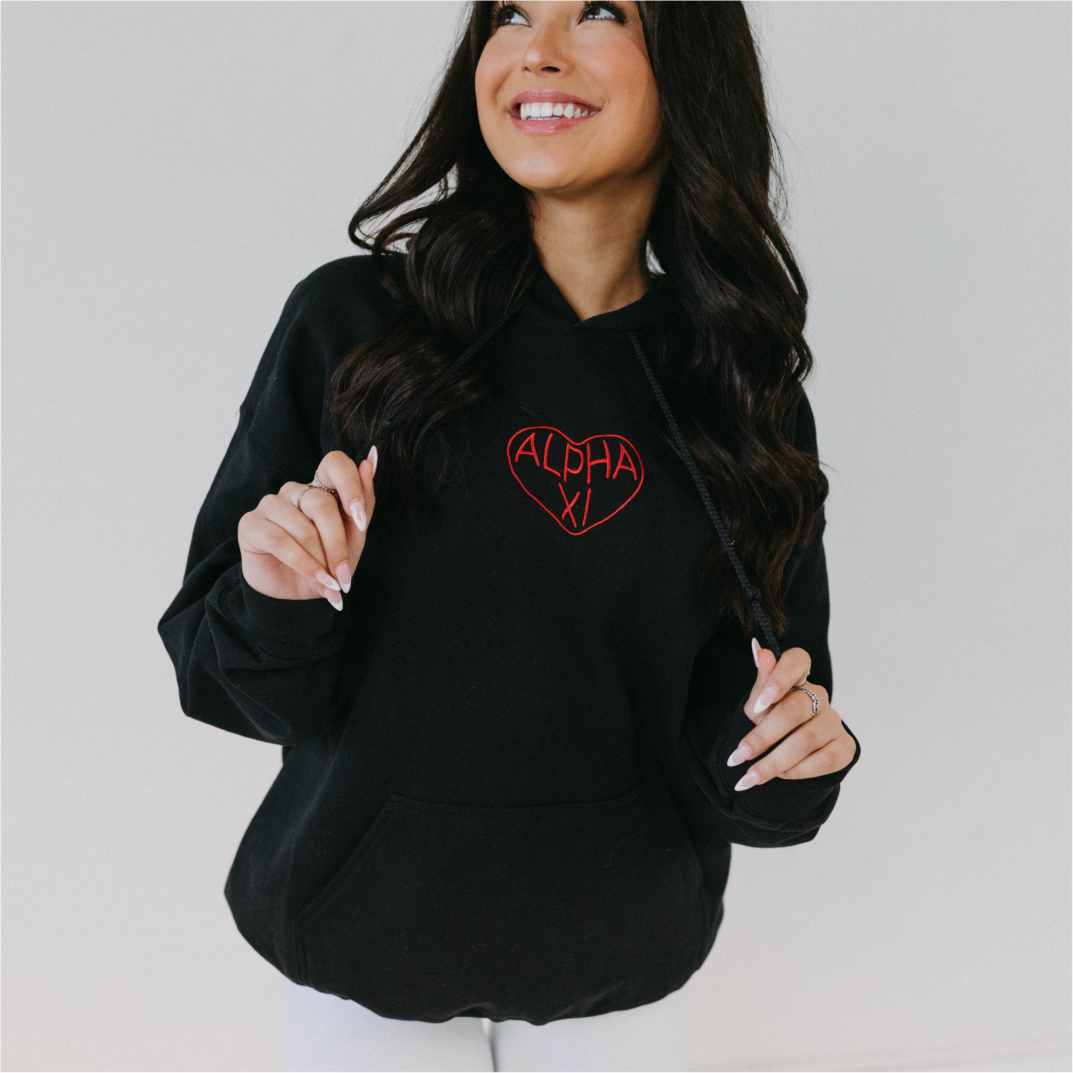 Red on Black Embroidered Heart Sorority Hoodie by Ali & Ariel