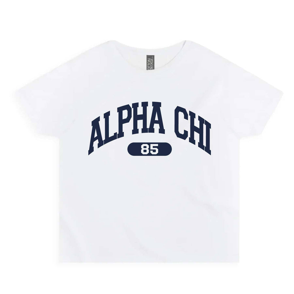 Ali & Ariel White collegiate sports baby tee Alpha Chi Omega / Small