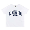 Ali & Ariel White collegiate sports baby tee Alpha Chi Omega / Small
