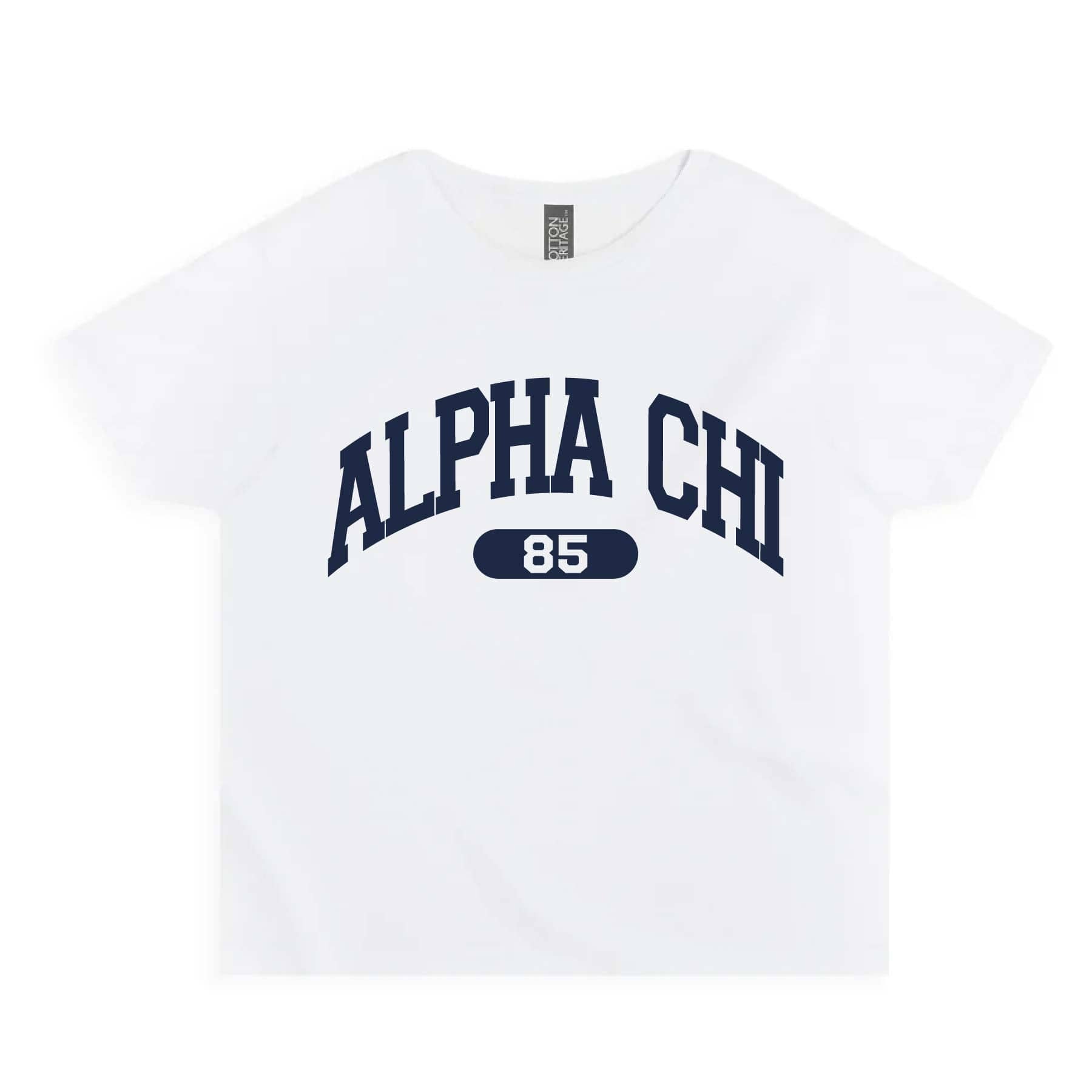 Ali & Ariel White collegiate sports baby tee Alpha Chi Omega / Small