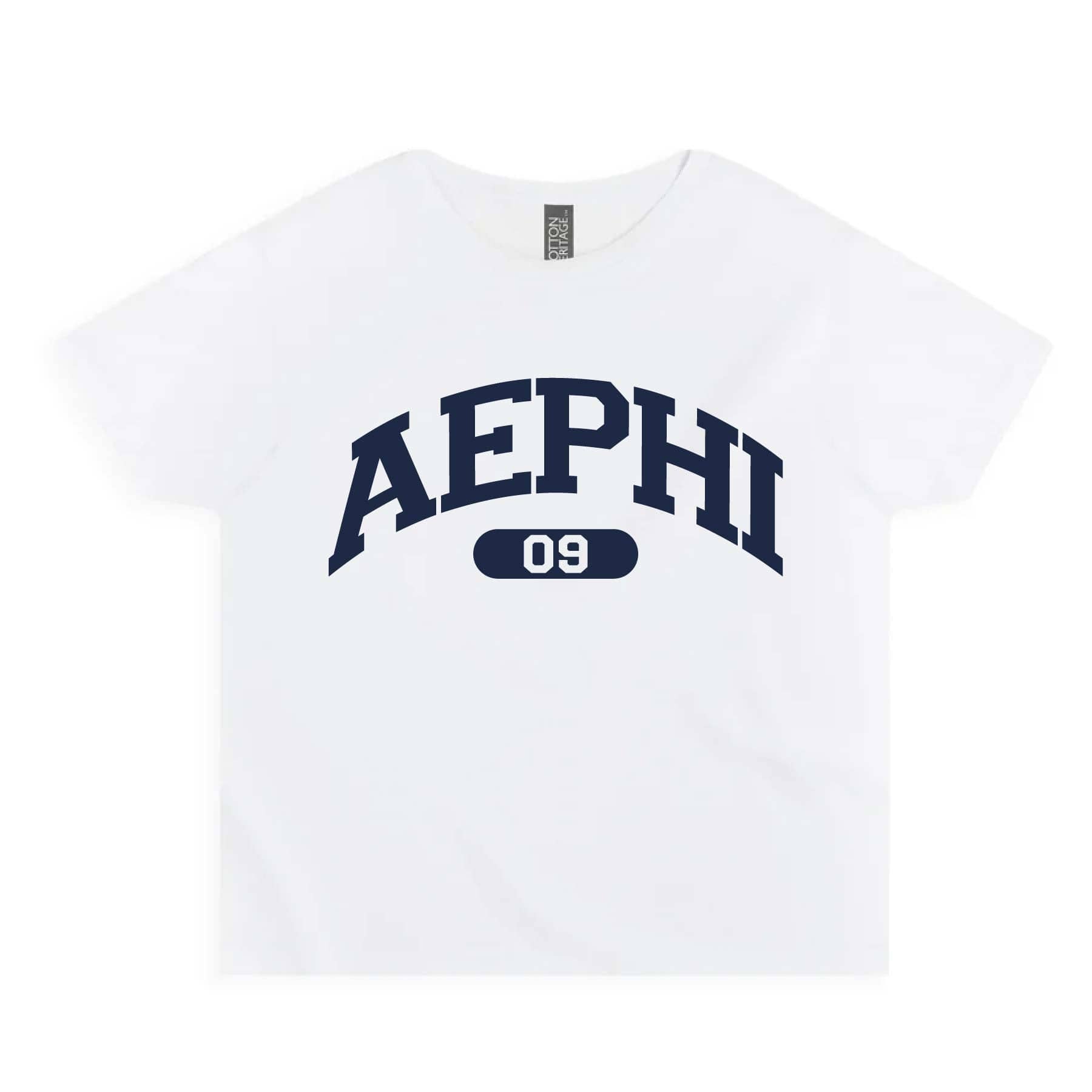 Ali & Ariel White collegiate sports baby tee Alpha Epsilon Phi / Small