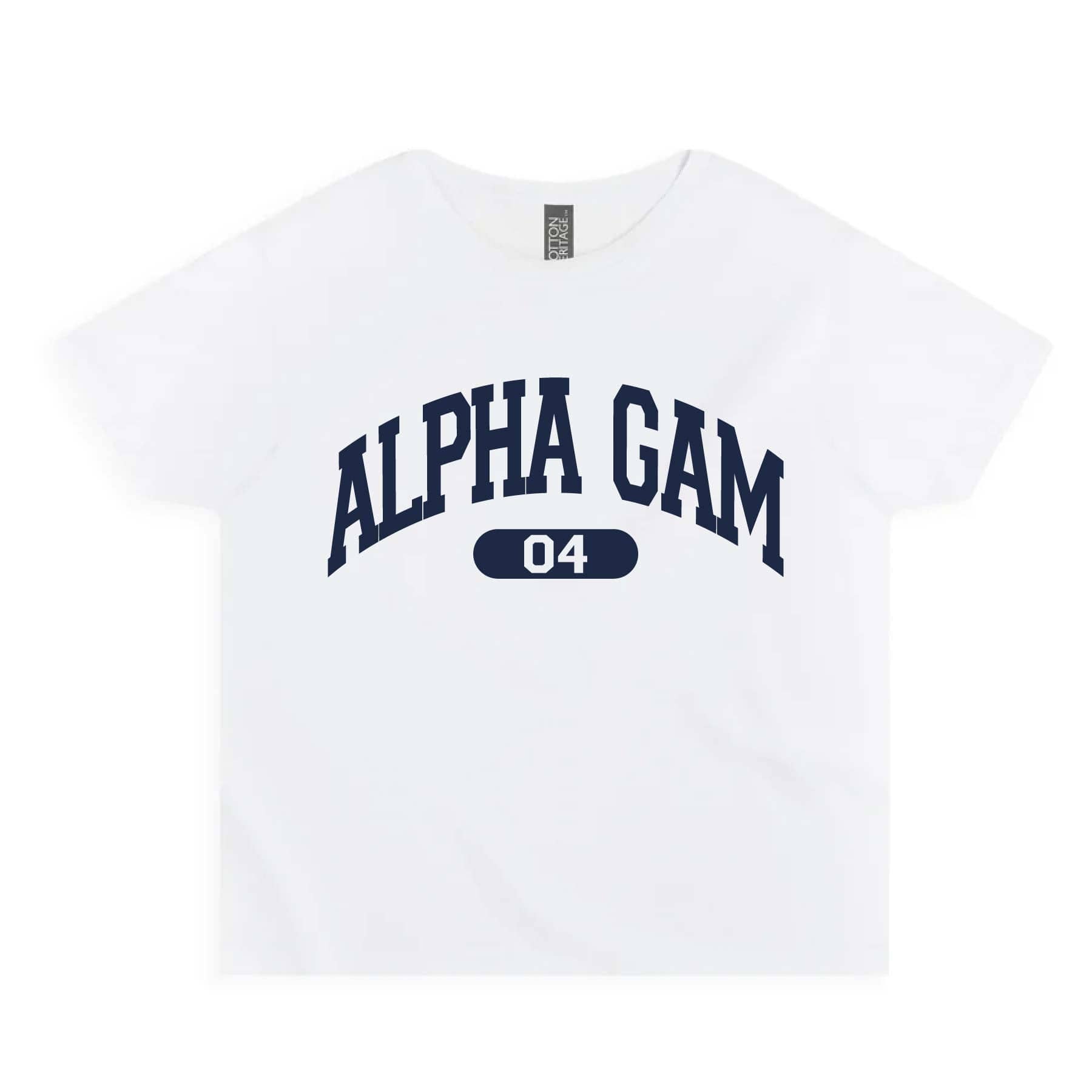 Ali & Ariel White collegiate sports baby tee Alpha Gamma Delta / Small