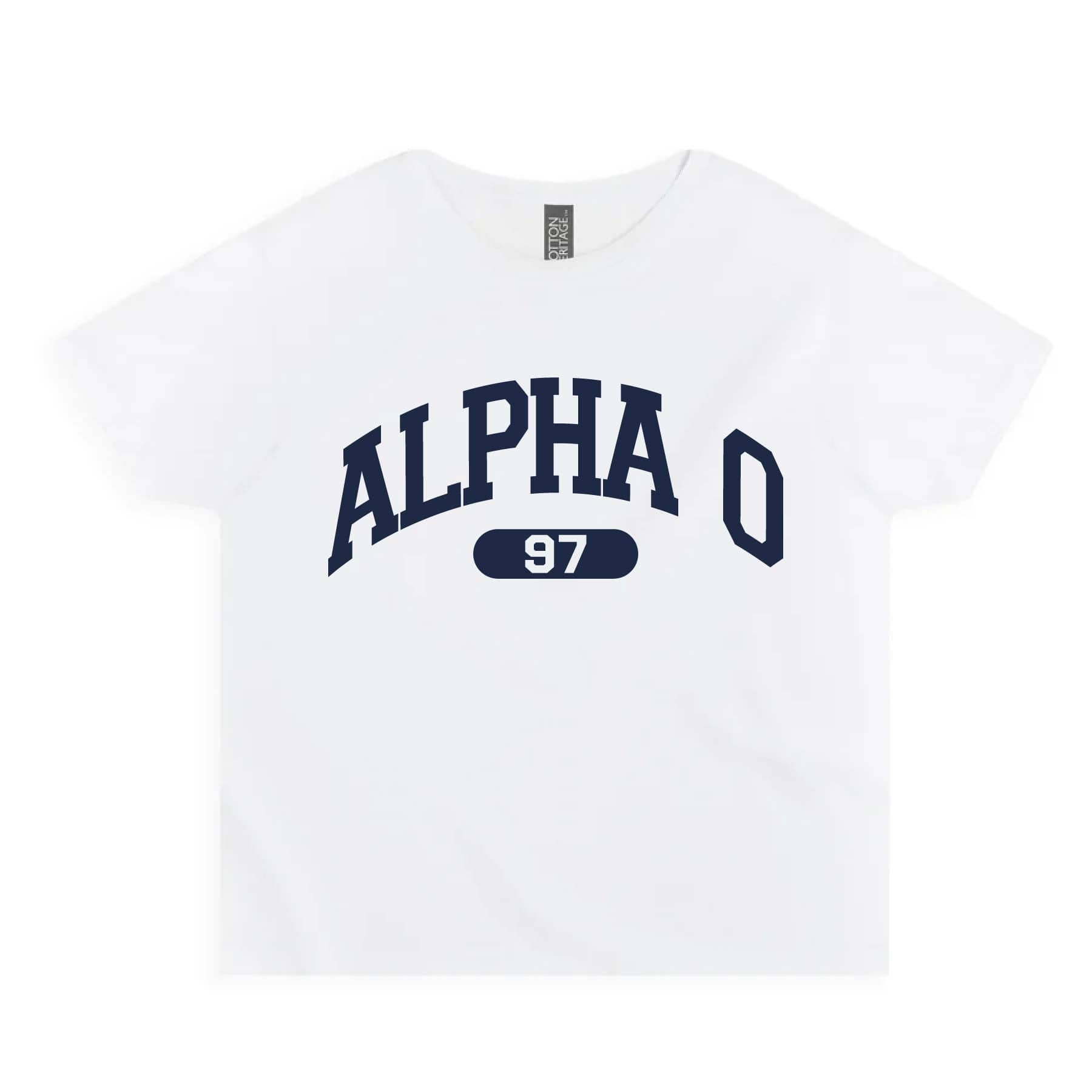 Ali & Ariel White collegiate sports baby tee Alpha Omicron Pi / Small