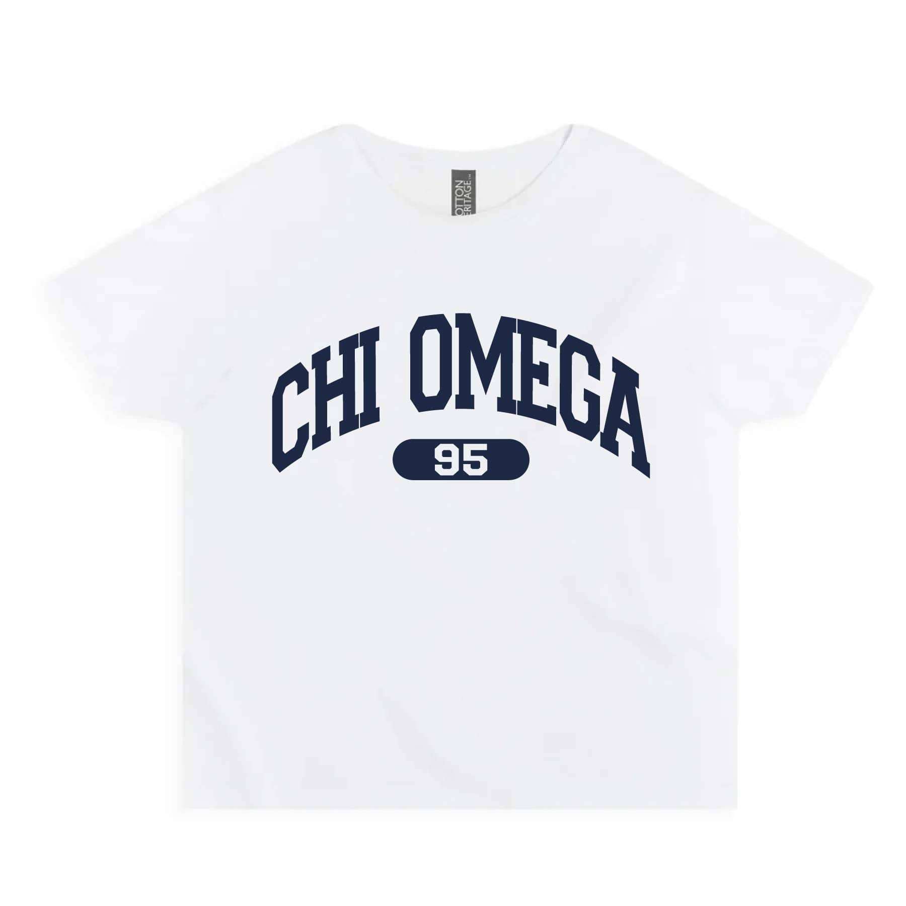 Ali & Ariel White collegiate sports baby tee Chi Omega / Small