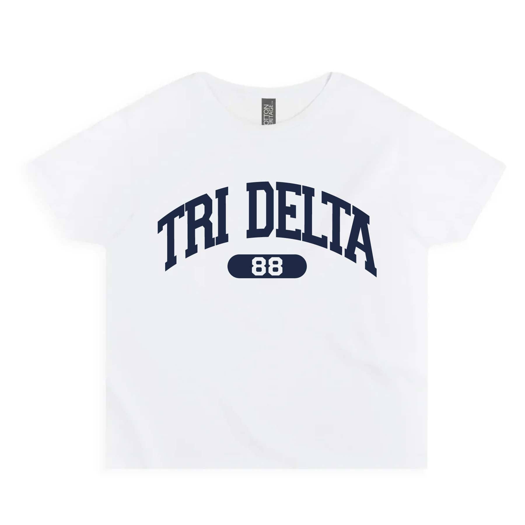 Ali & Ariel White collegiate sports baby tee Delta Delta Delta / Small