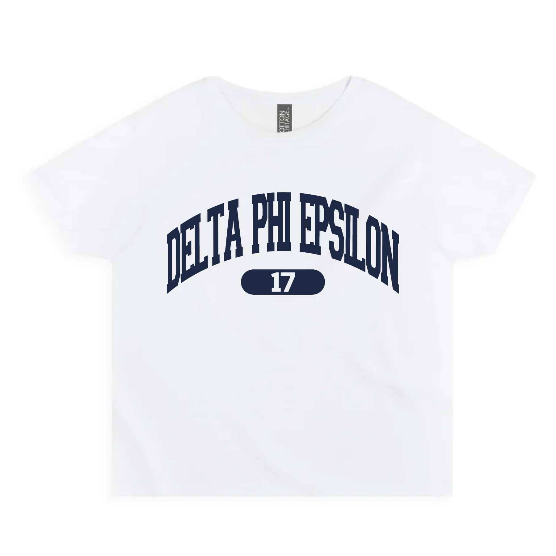 Ali & Ariel White collegiate sports baby tee Delta Phi Epsilon / Small