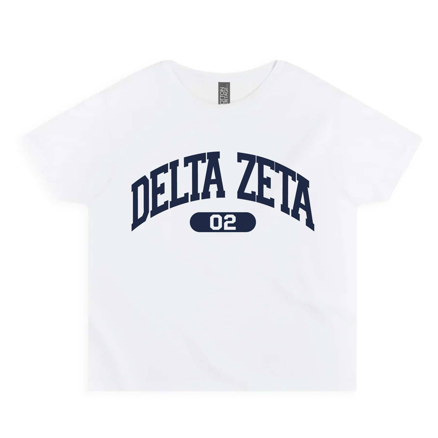 Ali & Ariel White collegiate sports baby tee Delta Zeta / Small