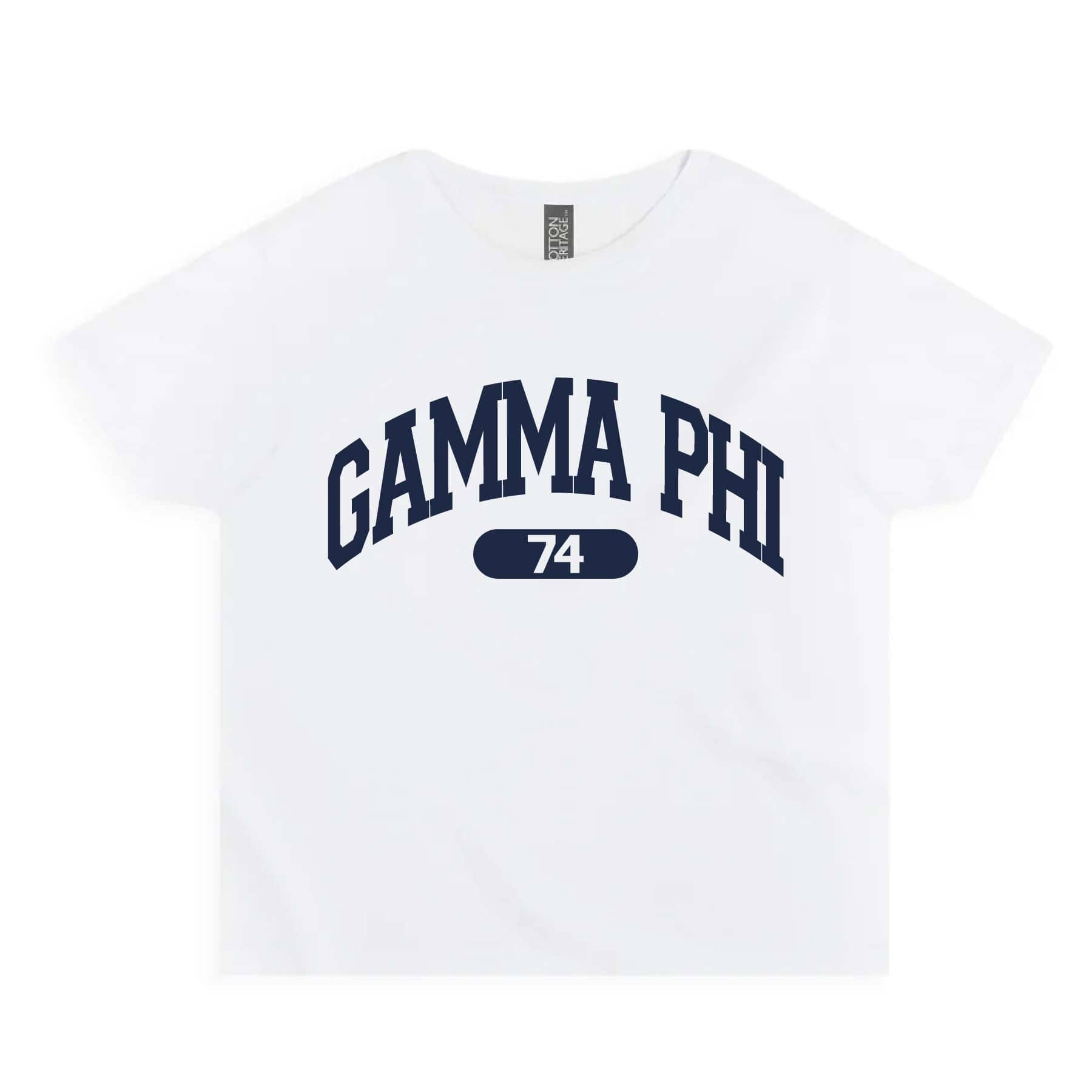 Ali & Ariel White collegiate sports baby tee Gamma Phi Beta / Small