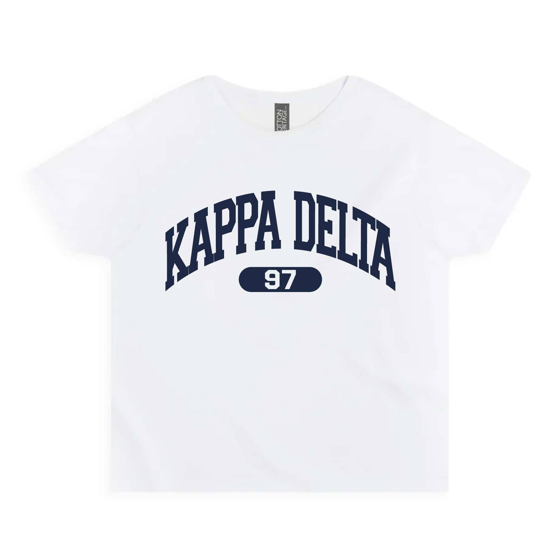 Ali & Ariel White collegiate sports baby tee Kappa Delta / Small