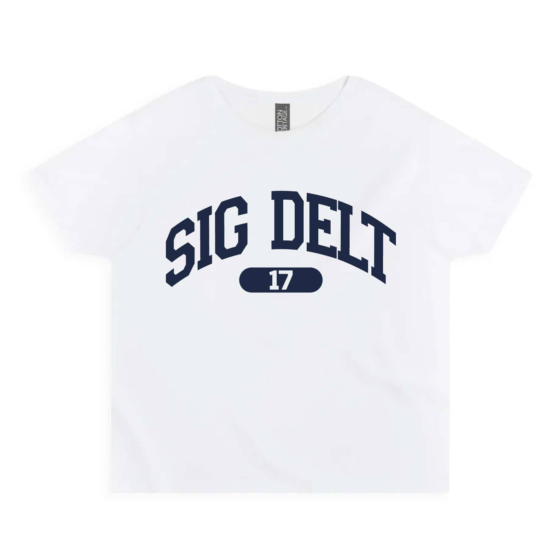 Ali & Ariel White collegiate sports baby tee Sigma Delta Tau / Small