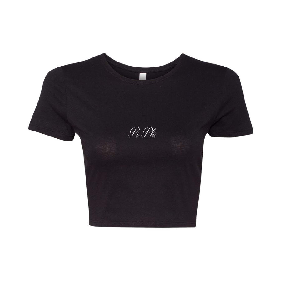 Ali & Ariel Black Cursive Embroidered Baby Tee Cropped (available for some orgs)