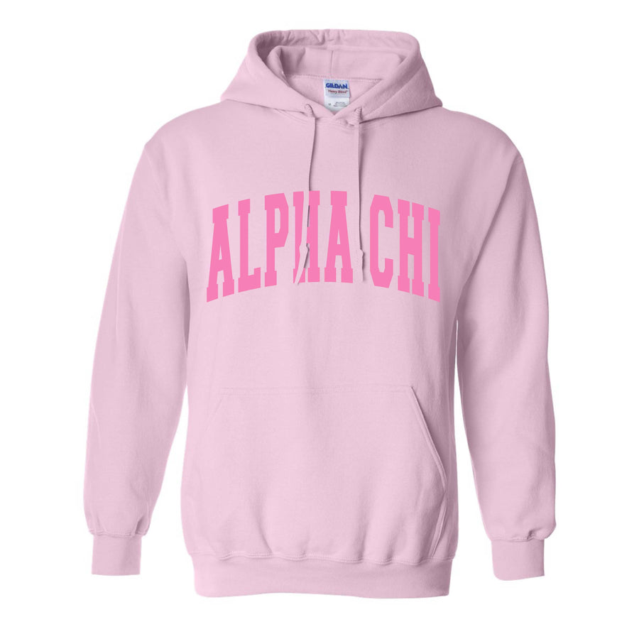 Ali & Ariel Collegiate Baby Pink Hoodie <br> (sororities A-D) Alpha Chi Omega / Small