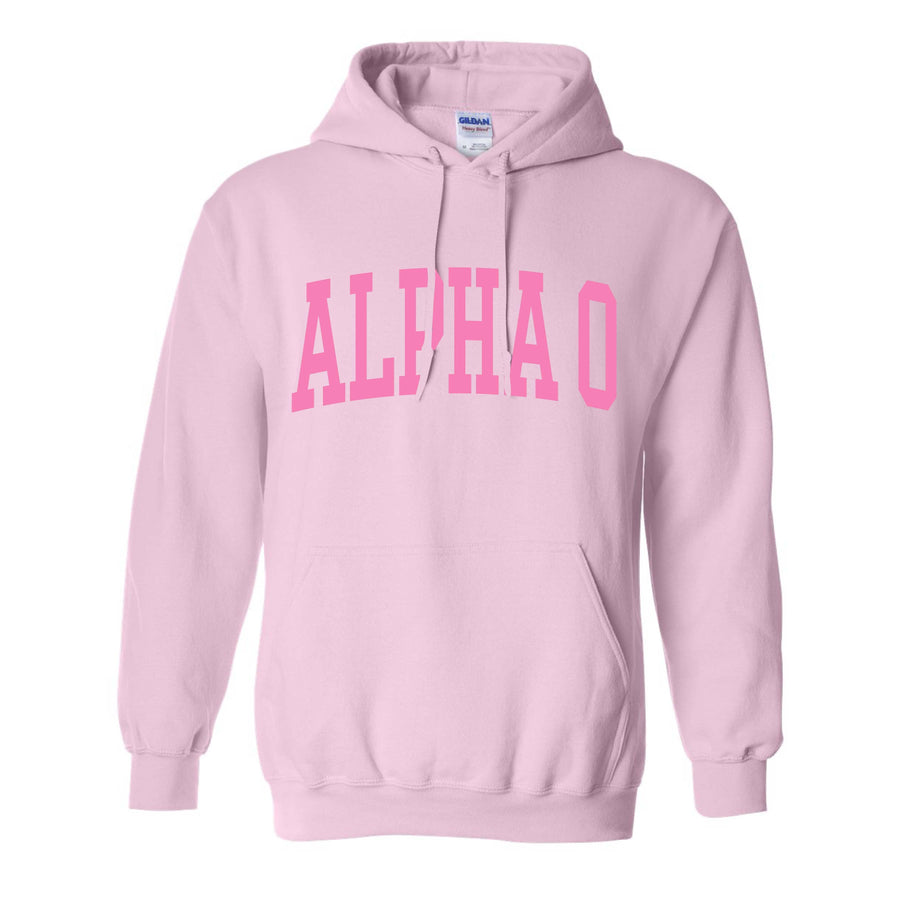Ali & Ariel Collegiate Baby Pink Hoodie <br> (sororities A-D) Alpha Omicron Pi / Small