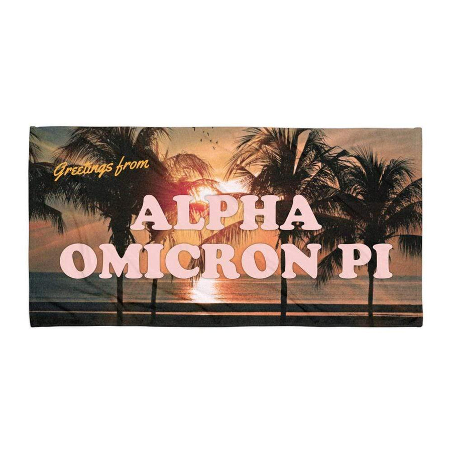 Ali & Ariel Greetings From... Beach Towel <br> (available for multiple organizations!) Alpha Omicron Pi