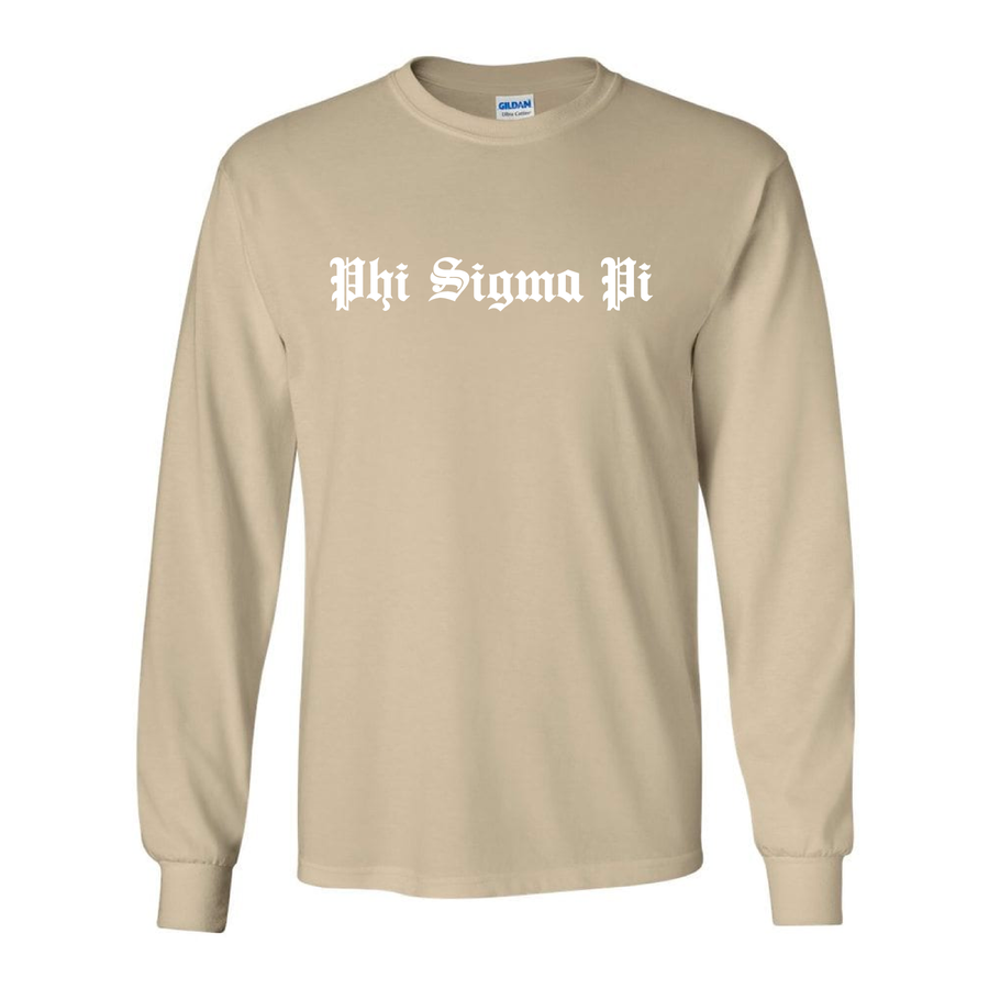 Ali & Ariel Khaki Old English Long Sleeve <br> (sororities G-Z) Phi Sigma Pi / Small