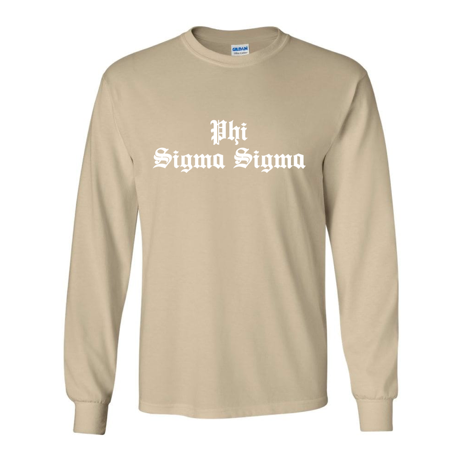 Ali & Ariel Khaki Old English Long Sleeve <br> (sororities G-Z) Phi Sigma Sigma / Small