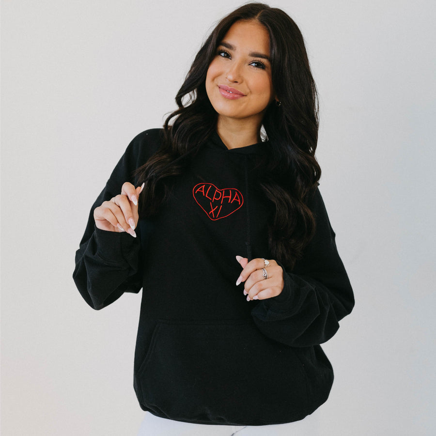Ali & Ariel Limited Edition Red On Black Embroidered Heart Hoodie <br> (sororities A-D)