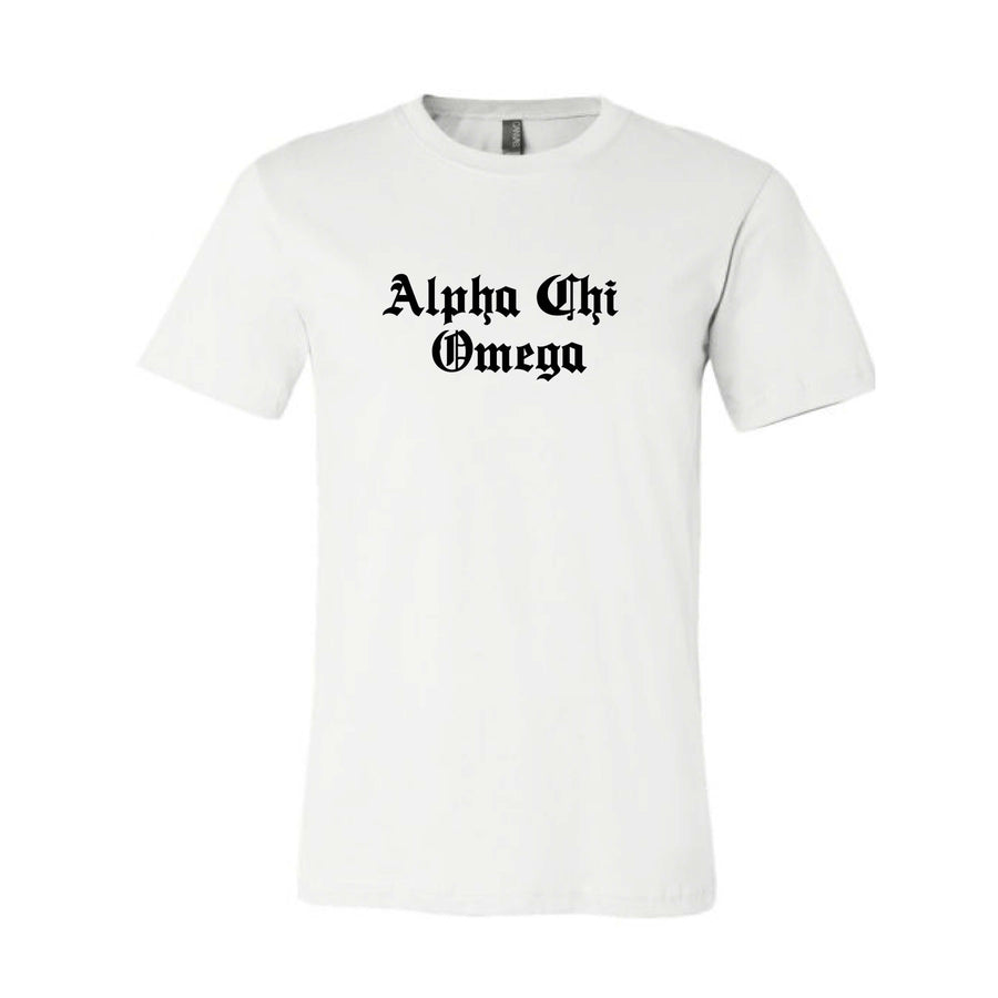 Ali & Ariel Old English Text Tee <br> (available for all organizations!) Alpha Chi Omega / Small