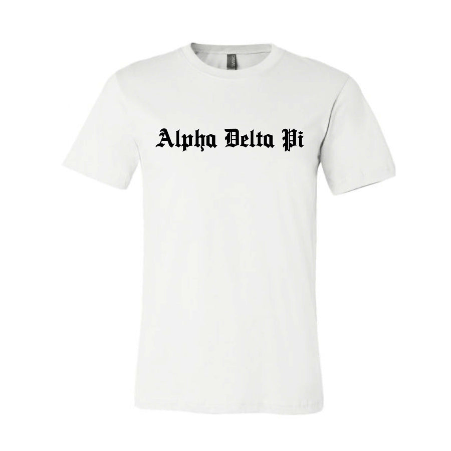 Ali & Ariel Old English Text Tee <br> (available for all organizations!) Alpha Delta Pi / Small