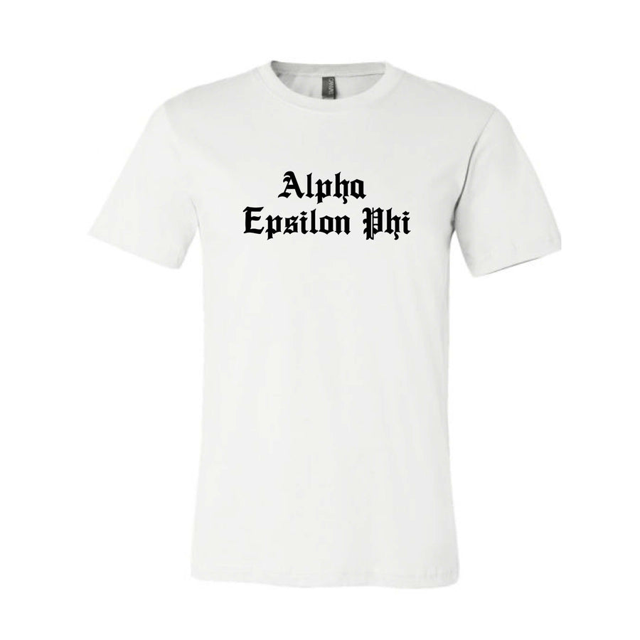 Ali & Ariel Old English Text Tee <br> (available for all organizations!) Alpha Epsilon Phi / Small