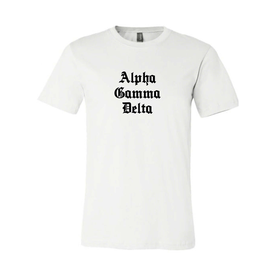 Ali & Ariel Old English Text Tee <br> (available for all organizations!) Alpha Gamma Delta / Small