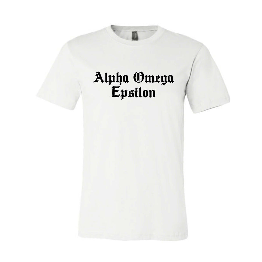 Ali & Ariel Old English Text Tee <br> (available for all organizations!) Alpha Omega Epsilon / Small