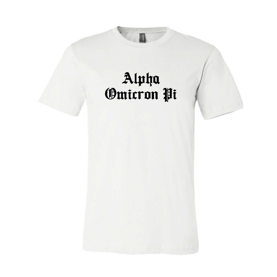 Ali & Ariel Old English Text Tee <br> (available for all organizations!) Alpha Omicron Pi / Small
