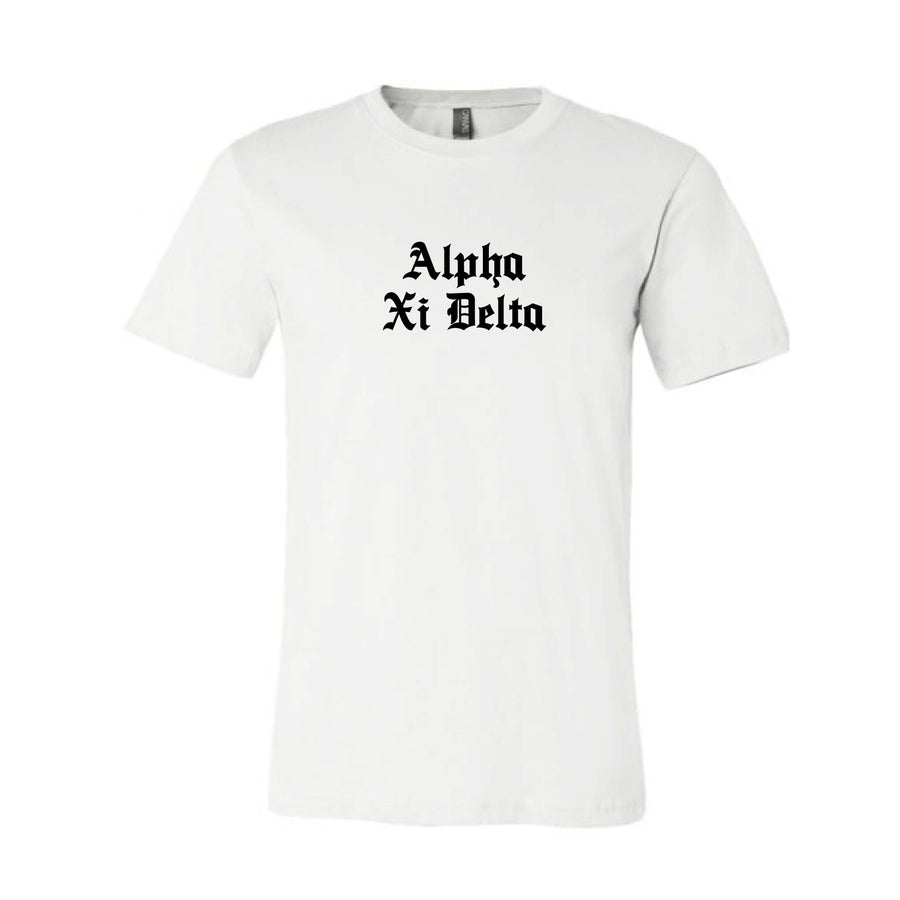 Ali & Ariel Old English Text Tee <br> (available for all organizations!) Alpha Xi Delta / Small